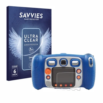 Face avant d’un emballage produit avec le logo de la marque Savvies. À côté, l’appareil Vtech Kidizoom Duo 5.0 est représenté 