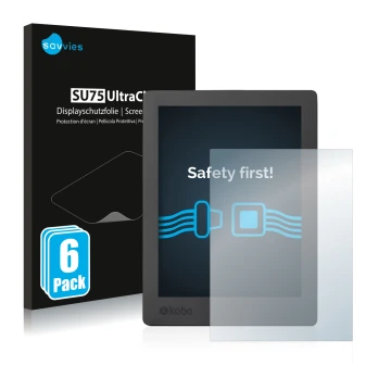 Face avant d’un emballage produit avec le logo de la marque Savvies. À côté, l’appareil Kobo Aura H2O Edition 2 est représenté