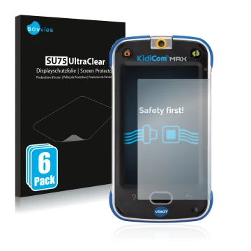 Face avant d’un emballage produit avec le logo de la marque Savvies. À côté, l’appareil Vtech Kidicom Max est représenté avec 