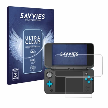 Face avant d’un emballage produit avec le logo de la marque Savvies. À côté, l’appareil New Nintendo 2DS XL est représenté ave