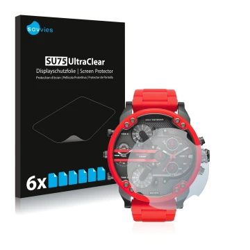 Face avant d’un emballage produit avec le logo de la marque Savvies. À côté, l’appareil Diesel DZ7370 est représenté avec la p