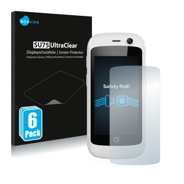 Face avant d’un emballage produit avec le logo de la marque Savvies. À côté, l’appareil Unihertz Jelly Pro est représenté avec