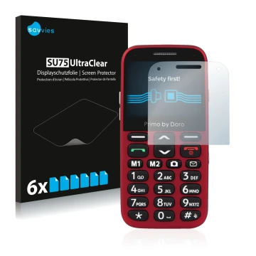 Face avant d’un emballage produit avec le logo de la marque Savvies. À côté, l’appareil Doro Primo 366 est représenté avec la 