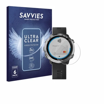 Face avant d’un emballage produit avec le logo de la marque Savvies. À côté, l’appareil Garmin Forerunner 645 est représenté a