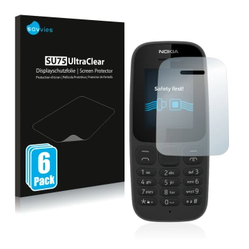 Face avant d’un emballage produit avec le logo de la marque Savvies. À côté, l’appareil Nokia 105 2017 est représenté avec la 