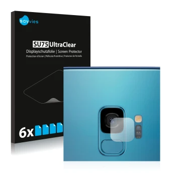 Face avant d’un emballage produit avec le logo de la marque Savvies. À côté, l’appareil Samsung Galaxy S9 (Caméra UNIQUEMENT) 