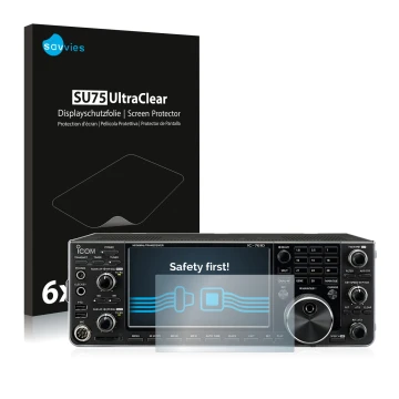 Face avant d’un emballage produit avec le logo de la marque Savvies. À côté, l’appareil Icom IC-7610 est représenté avec la pr