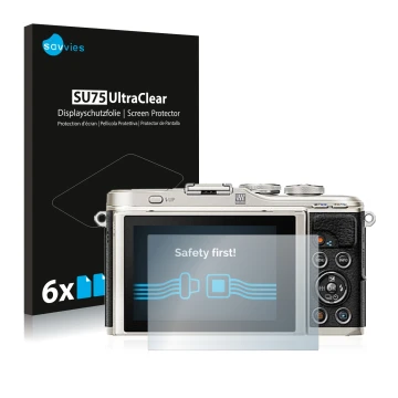 Face avant d’un emballage produit avec le logo de la marque Savvies. À côté, l’appareil Olympus PEN E-PL9 est représenté avec 