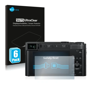 Face avant d’un emballage produit avec le logo de la marque Savvies. À côté, l’appareil Panasonic Lumix DC-TZ202 est représent