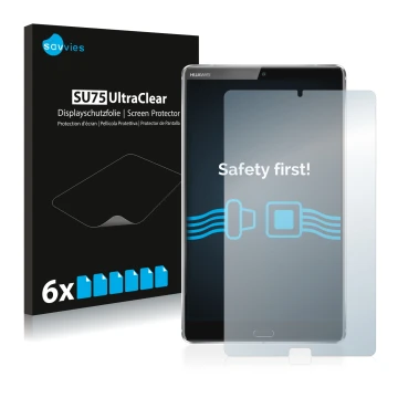 Face avant d’un emballage produit avec le logo de la marque Savvies. À côté, l’appareil Huawei MediaPad M5 8.4 est représenté 