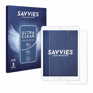 Face avant d’un emballage produit avec le logo de la marque Savvies. À côté, l’appareil Apple iPad 9.7