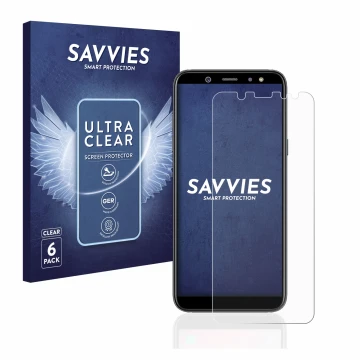 Face avant d’un emballage produit avec le logo de la marque Savvies. À côté, l’appareil Samsung Galaxy A6 2018 est représenté 
