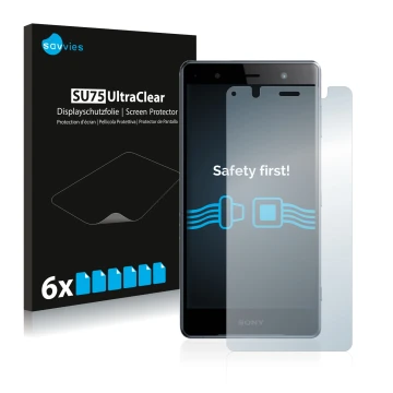 Face avant d’un emballage produit avec le logo de la marque Savvies. À côté, l’appareil Sony Xperia XZ2 Premium est représenté