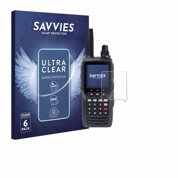 Face avant d’un emballage produit avec le logo de la marque Savvies. À côté, l’appareil Yaesu FTA-450 est représenté avec la p