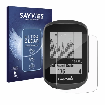 Face avant d’un emballage produit avec le logo de la marque Savvies. À côté, l’appareil Garmin Edge 130 est représenté avec la