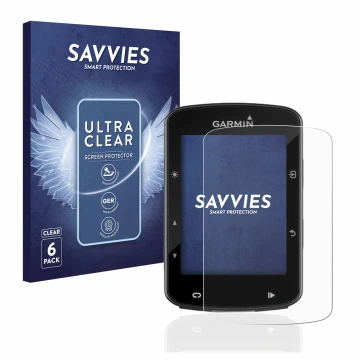 Face avant d’un emballage produit avec le logo de la marque Savvies. À côté, l’appareil Garmin Edge 520 Plus est représenté av