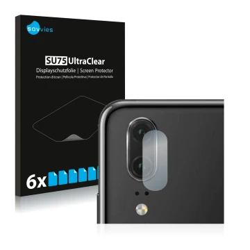 Face avant d’un emballage produit avec le logo de la marque Savvies. À côté, l’appareil Huawei P20 (Caméra UNIQUEMENT) est rep