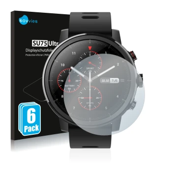 Face avant d’un emballage produit avec le logo de la marque Savvies. À côté, l’appareil Huami Amazfit Stratos est représenté a