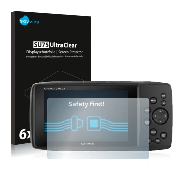 Face avant d’un emballage produit avec le logo de la marque Savvies. À côté, l’appareil Garmin GPSMAP 276Cx est représenté ave