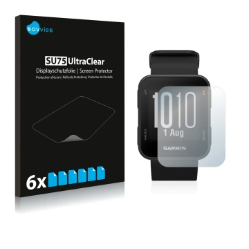 Face avant d’un emballage produit avec le logo de la marque Savvies. À côté, l’appareil Garmin Approach S10 est représenté ave