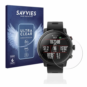Face avant d’un emballage produit avec le logo de la marque Savvies. À côté, l’appareil Huami Amazfit Stratos 2 est représenté