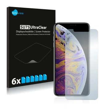 Face avant d’un emballage produit avec le logo de la marque Savvies. À côté, l’appareil Apple iPhone Xs Max est représenté ave