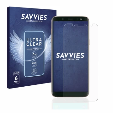 Face avant d’un emballage produit avec le logo de la marque Savvies. À côté, l’appareil Samsung Galaxy J6 2018 est représenté 