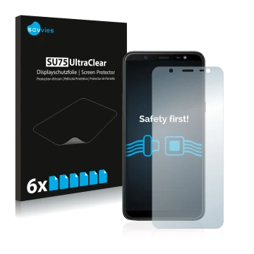 Face avant d’un emballage produit avec le logo de la marque Savvies. À côté, l’appareil Samsung Galaxy J8 2018 est représenté 