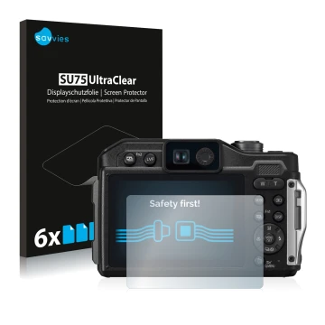 Face avant d’un emballage produit avec le logo de la marque Savvies. À côté, l’appareil Panasonic Lumix DC-FT7 est représenté 