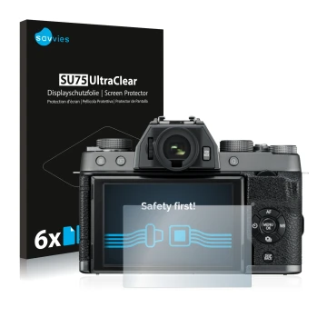 Face avant d’un emballage produit avec le logo de la marque Savvies. À côté, l’appareil Fujifilm X-T100 est représenté avec la