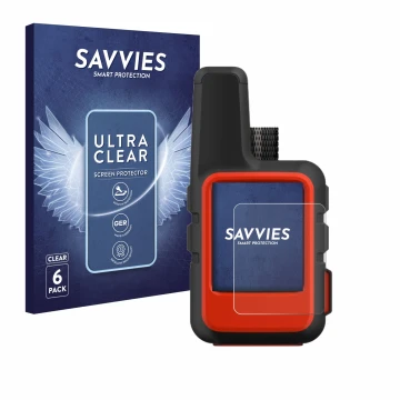 Face avant d’un emballage produit avec le logo de la marque Savvies. À côté, l’appareil Garmin inReach Mini est représenté ave