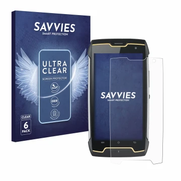 Face avant d’un emballage produit avec le logo de la marque Savvies. À côté, l’appareil Cubot King Kong est représenté avec la