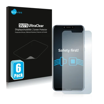 Face avant d’un emballage produit avec le logo de la marque Savvies. À côté, l’appareil Honor Play est représenté avec la prot