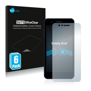 Face avant d’un emballage produit avec le logo de la marque Savvies. À côté, l’appareil LG K9 est représenté avec la protectio