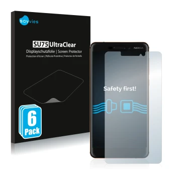 Face avant d’un emballage produit avec le logo de la marque Savvies. À côté, l’appareil Nokia 6.1 est représenté avec la prote