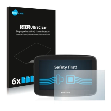 Face avant d’un emballage produit avec le logo de la marque Savvies. À côté, l’appareil TomTom GO Basic (6