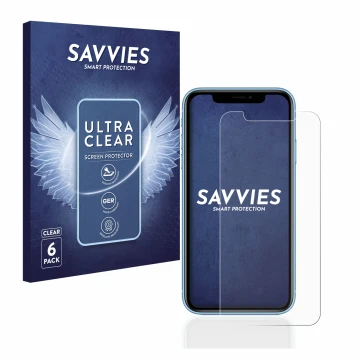 Face avant d’un emballage produit avec le logo de la marque Savvies. À côté, l’appareil Apple iPhone XR est représenté avec la