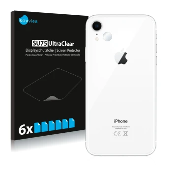 Face avant d’un emballage produit avec le logo de la marque Savvies. À côté, l’appareil Apple iPhone XR (Caméra UNIQUEMENT) es