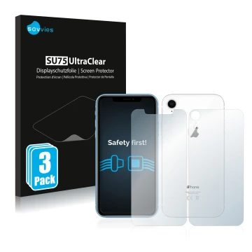 Face avant d’un emballage produit avec le logo de la marque Savvies. À côté, l’appareil Apple iPhone XR (Avant+Arrière) est re