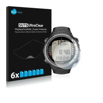 Face avant d’un emballage produit avec le logo de la marque Savvies. À côté, l’appareil Suunto D4I est représenté avec la prot