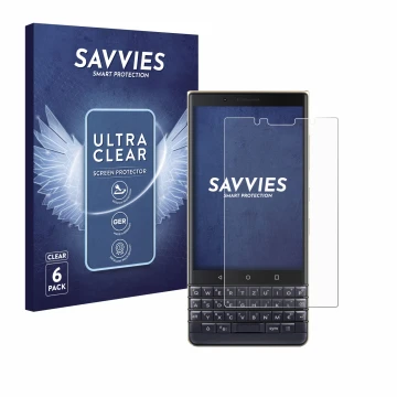 Face avant d’un emballage produit avec le logo de la marque Savvies. À côté, l’appareil BlackBerry Key2 LE est représenté avec