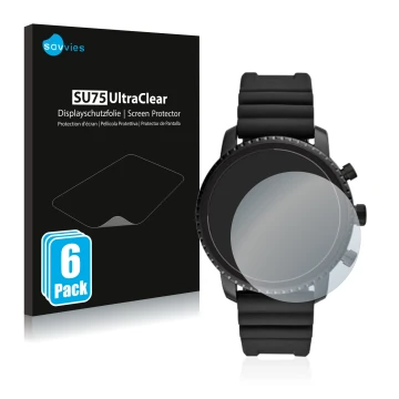 Face avant d’un emballage produit avec le logo de la marque Savvies. À côté, l’appareil Fossil Q Explorist HR (4.Gen) est repr