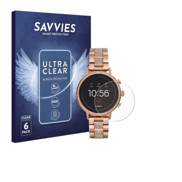 Face avant d’un emballage produit avec le logo de la marque Savvies. À côté, l’appareil Fossil Q Venture HR (4.Gen) est représ