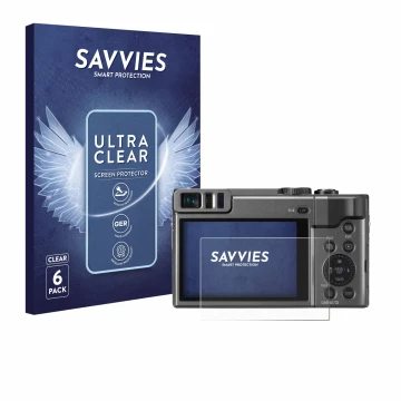 Face avant d’un emballage produit avec le logo de la marque Savvies. À côté, l’appareil Panasonic Lumix DC-TZ90 est représenté