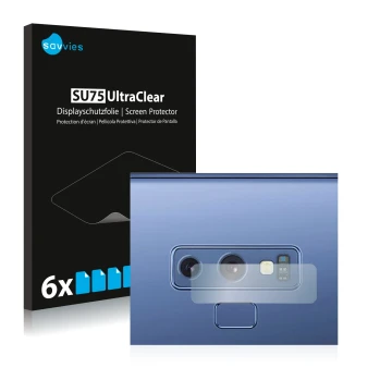 Face avant d’un emballage produit avec le logo de la marque Savvies. À côté, l’appareil Samsung Galaxy Note 9 (Caméra UNIQUEME