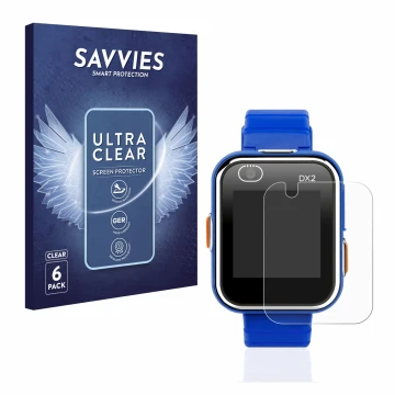 Face avant d’un emballage produit avec le logo de la marque Savvies. À côté, l’appareil Vtech Kidizoom Smart Watch DX2 est rep