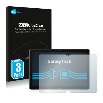 Face avant d’un emballage produit avec le logo de la marque Savvies. À côté, l’appareil Huawei MediaPad M5 Lite 10.1