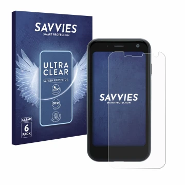 Face avant d’un emballage produit avec le logo de la marque Savvies. À côté, l’appareil Palm Mini Smartphone est représenté av