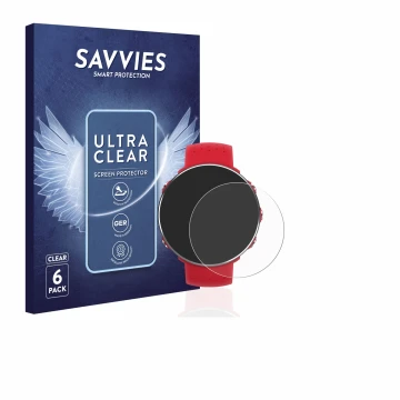 Face avant d’un emballage produit avec le logo de la marque Savvies. À côté, l’appareil Polar Vantage M est représenté avec la
