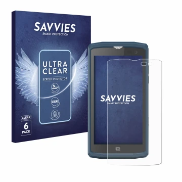 Face avant d’un emballage produit avec le logo de la marque Savvies. À côté, l’appareil Crosscall Core X3 est représenté avec 